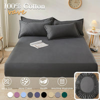 SaneShoppe - 100% Cotton Fitted Bed Sheet with Elastic Band Solid Color Anti - slip Adjustable Mattress Cover for Single Double King Queen Bed