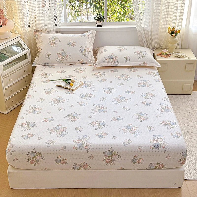 SaneShoppe - 100% Cotton Fitted Sheet Floral Style Bedsheet Elastic Bed Linen Skin - friendly Bed Cover drap de lit Home Sheets (No Pillowcase)