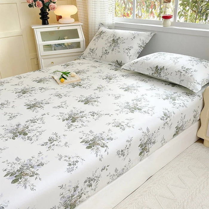 SaneShoppe - 100% Cotton Fitted Sheet Floral Style Bedsheet Elastic Bed Linen Skin - friendly Bed Cover drap de lit Home Sheets (No Pillowcase)