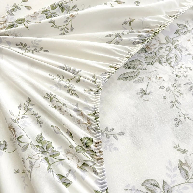 SaneShoppe - 100% Cotton Fitted Sheet Floral Style Bedsheet Elastic Bed Linen Skin - friendly Bed Cover drap de lit Home Sheets (No Pillowcase)