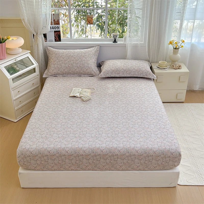 SaneShoppe - 100% Cotton Fitted Sheet Floral Style Bedsheet Elastic Bed Linen Skin - friendly Bed Cover drap de lit Home Sheets (No Pillowcase)