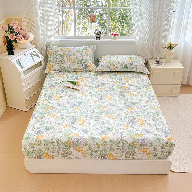 SaneShoppe - 100% Cotton Fitted Sheet Floral Style Bedsheet Elastic Bed Linen Skin - friendly Bed Cover drap de lit Home Sheets (No Pillowcase)