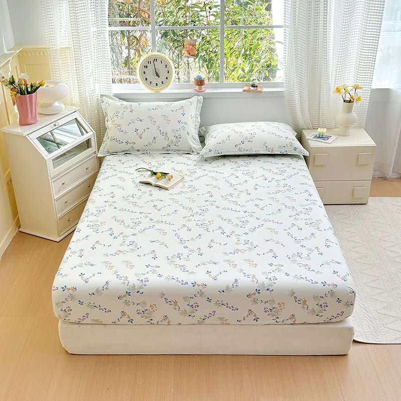 SaneShoppe - 100% Cotton Fitted Sheet Floral Style Bedsheet Elastic Bed Linen Skin - friendly Bed Cover drap de lit Home Sheets (No Pillowcase)