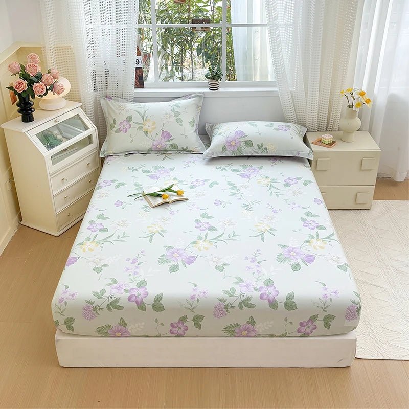 SaneShoppe - 100% Cotton Fitted Sheet Floral Style Bedsheet Elastic Bed Linen Skin - friendly Bed Cover drap de lit Home Sheets (No Pillowcase)