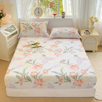 SaneShoppe - 100% Cotton Fitted Sheet Floral Style Bedsheet Elastic Bed Linen Skin - friendly Bed Cover drap de lit Home Sheets (No Pillowcase)