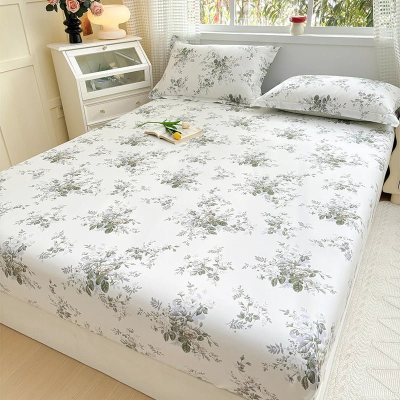 SaneShoppe - 100% Cotton Fitted Sheet Floral Style Bedsheet Elastic Bed Linen Skin - friendly Bed Cover drap de lit Home Sheets (No Pillowcase)