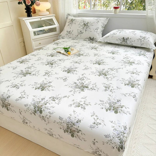 SaneShoppe - 100% Cotton Fitted Sheet Floral Style Bedsheet Elastic Bed Linen Skin - friendly Bed Cover drap de lit Home Sheets (No Pillowcase)