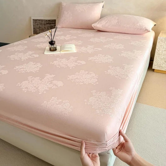 SaneShoppe-Soft 100% Cotton Jacquard Fitted Sheet Set with Elastic All Around Mattress Protector