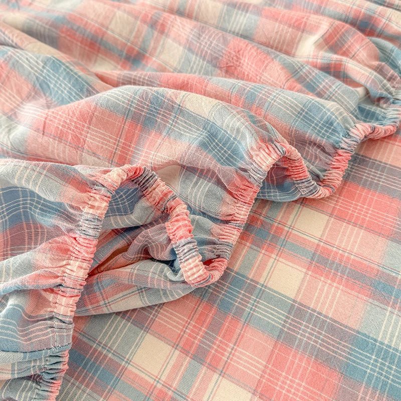 SaneShoppe-Plaid Cotton Fitted Sheet Set with Adjustable Bed Linens or Matching Pillowcases