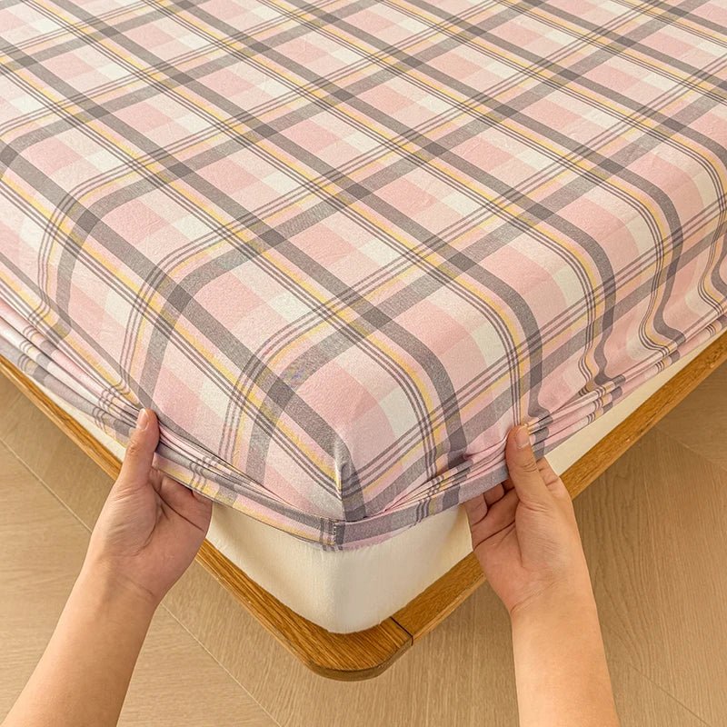 SaneShoppe-Plaid Cotton Fitted Sheet Set with Adjustable Bed Linens or Matching Pillowcases