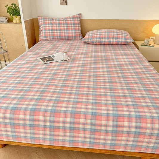 SaneShoppe-Plaid Cotton Fitted Sheet Set with Adjustable Bed Linens or Matching Pillowcases