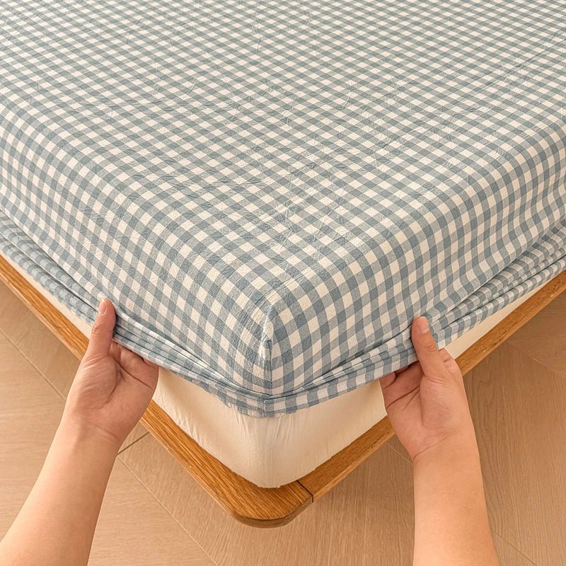 SaneShoppe-Plaid Cotton Fitted Sheet Set with Adjustable Bed Linens or Matching Pillowcases