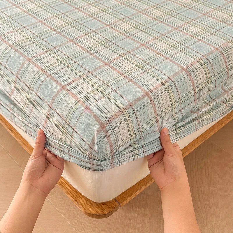 SaneShoppe-Plaid Cotton Fitted Sheet Set with Adjustable Bed Linens or Matching Pillowcases