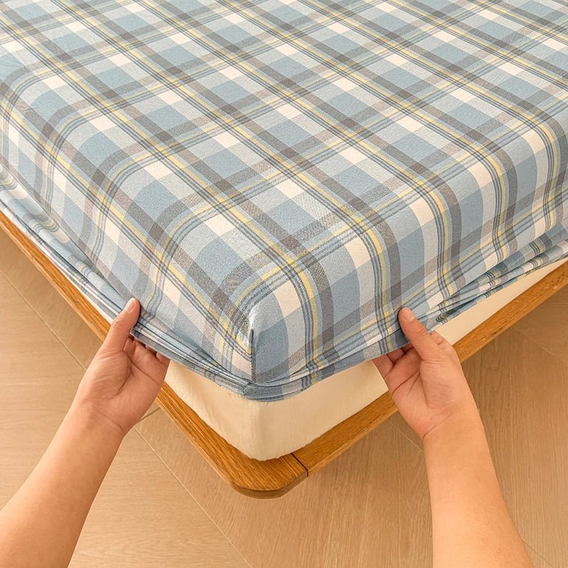 SaneShoppe-Plaid Cotton Fitted Sheet Set with Adjustable Bed Linens or Matching Pillowcases