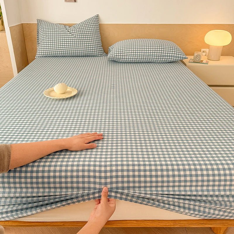 SaneShoppe-Plaid Cotton Fitted Sheet Set with Adjustable Bed Linens or Matching Pillowcases