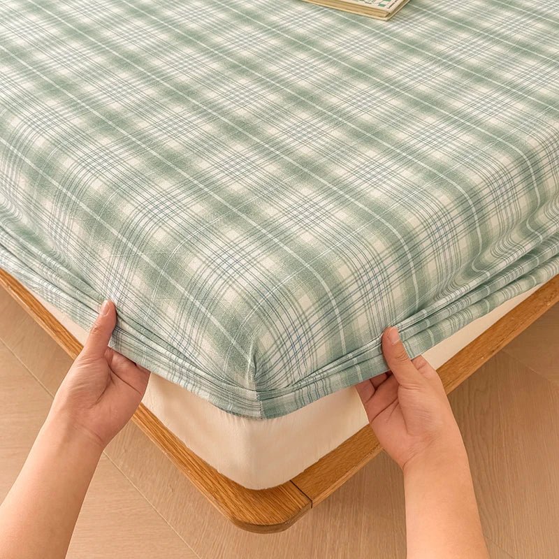 SaneShoppe-Plaid Cotton Fitted Sheet Set with Adjustable Bed Linens or Matching Pillowcases