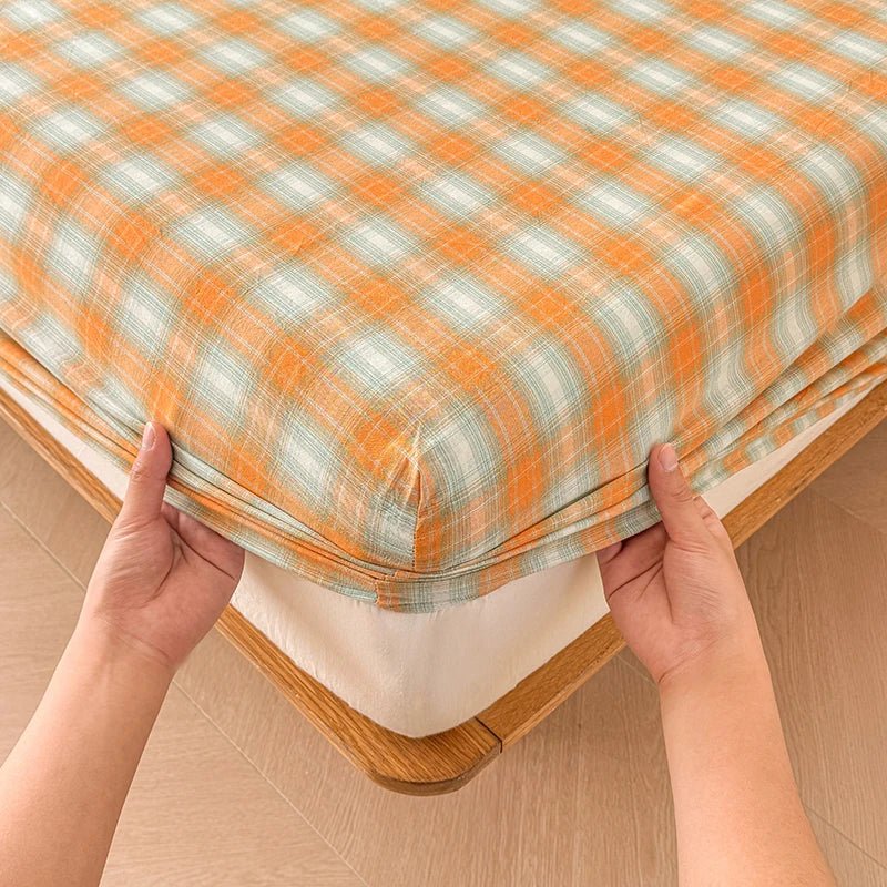 SaneShoppe-Plaid Cotton Fitted Sheet Set with Adjustable Bed Linens or Matching Pillowcases