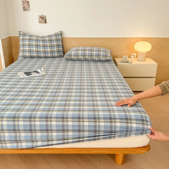 SaneShoppe-Plaid Cotton Fitted Sheet Set with Adjustable Bed Linens or Matching Pillowcases