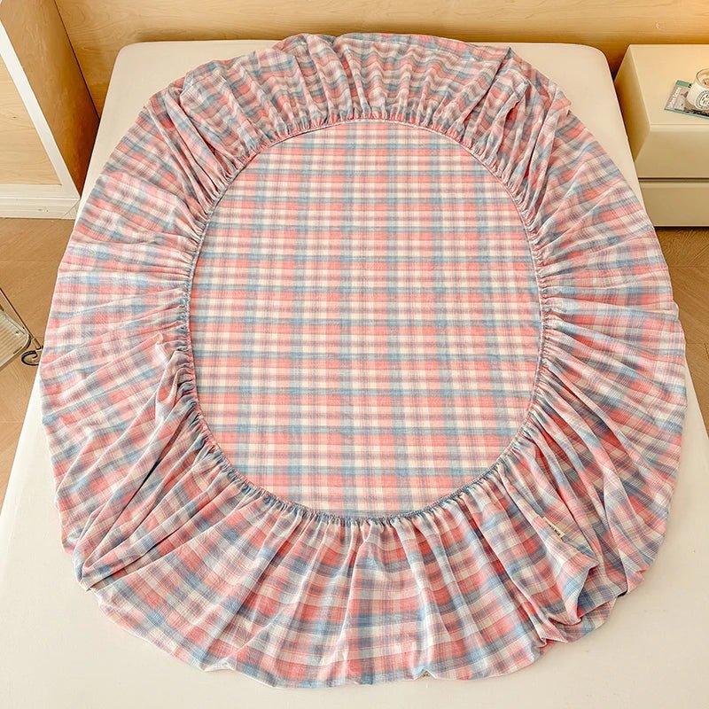 SaneShoppe-Plaid Cotton Fitted Sheet Set with Adjustable Bed Linens or Matching Pillowcases