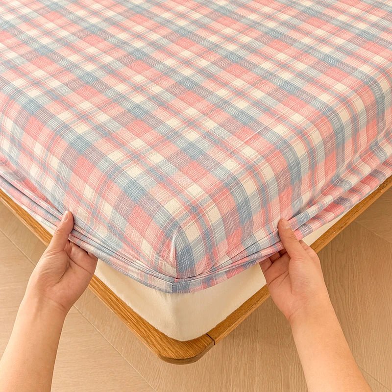 SaneShoppe-Plaid Cotton Fitted Sheet Set with Adjustable Bed Linens or Matching Pillowcases