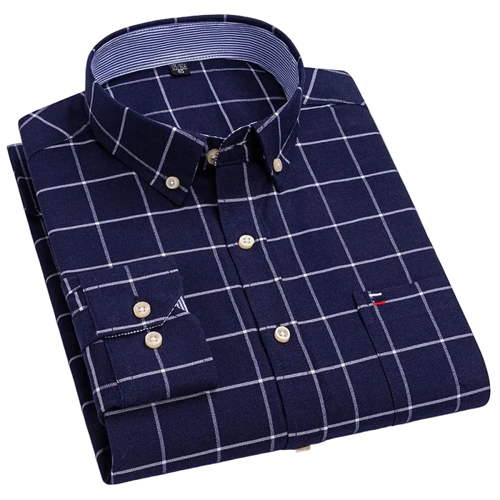 SaneShoppe - 100% Cotton Oxford Men's Shirts Long Sleeves Plaid Soft Regular Fit Formal Dress Shirt Pocket Social Blouse Male Clothes S - 7XL
