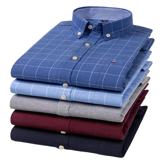 SaneShoppe - 100% Cotton Oxford Men's Shirts Long Sleeves Plaid Soft Regular Fit Formal Dress Shirt Pocket Social Blouse Male Clothes S - 7XL