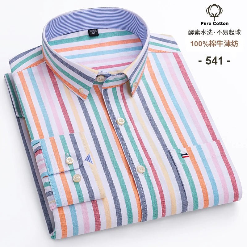 SaneShoppe - 100% Cotton Oxford Men's Shirts Long Sleeves Plaid Soft Regular Fit Formal Dress Shirt Pocket Social Blouse Male Clothes S - 7XL