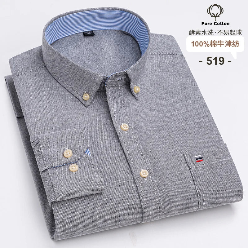 SaneShoppe - 100% Cotton Oxford Men's Shirts Long Sleeves Plaid Soft Regular Fit Formal Dress Shirt Pocket Social Blouse Male Clothes S - 7XL