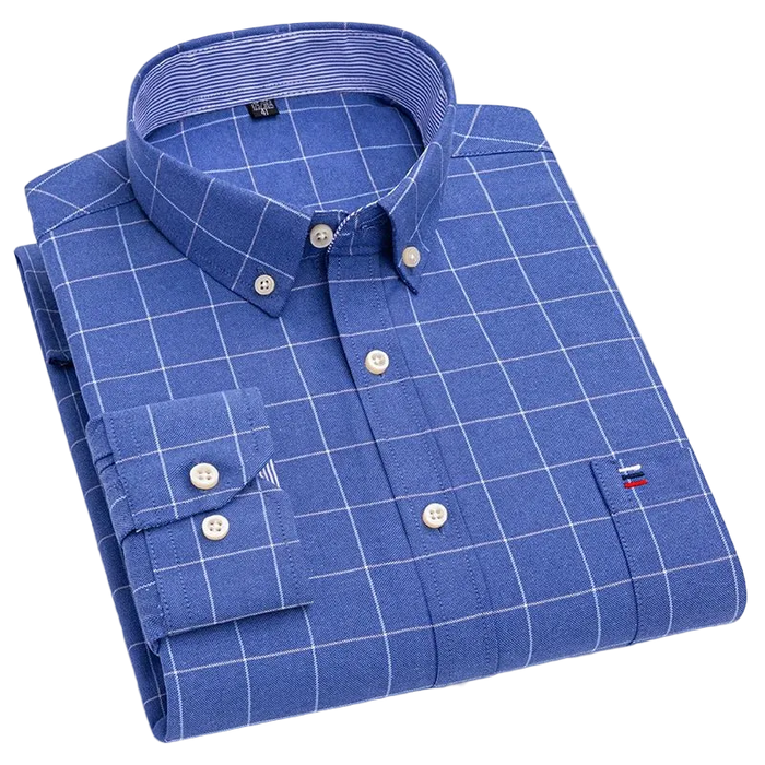 SaneShoppe - 100% Cotton Oxford Men's Shirts Long Sleeves Plaid Soft Regular Fit Formal Dress Shirt Pocket Social Blouse Male Clothes S - 7XL