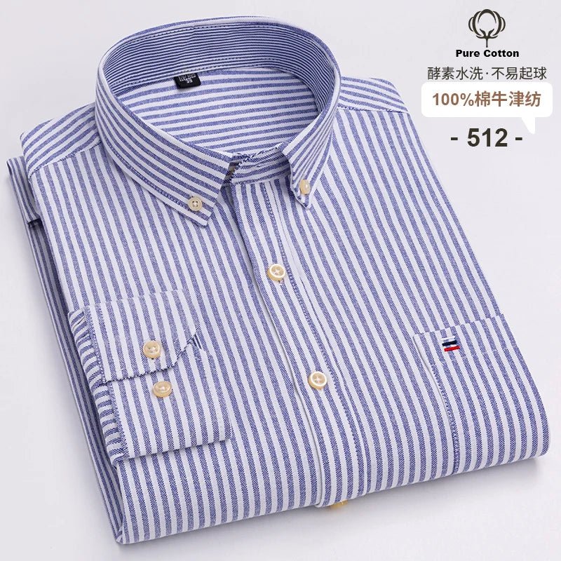 SaneShoppe - 100% Cotton Oxford Men's Shirts Long Sleeves Plaid Soft Regular Fit Formal Dress Shirt Pocket Social Blouse Male Clothes S - 7XL