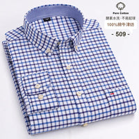 SaneShoppe - 100% Cotton Oxford Men's Shirts Long Sleeves Plaid Soft Regular Fit Formal Dress Shirt Pocket Social Blouse Male Clothes S - 7XL