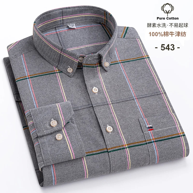 SaneShoppe - 100% Cotton Oxford Men's Shirts Long Sleeves Plaid Soft Regular Fit Formal Dress Shirt Pocket Social Blouse Male Clothes S - 7XL