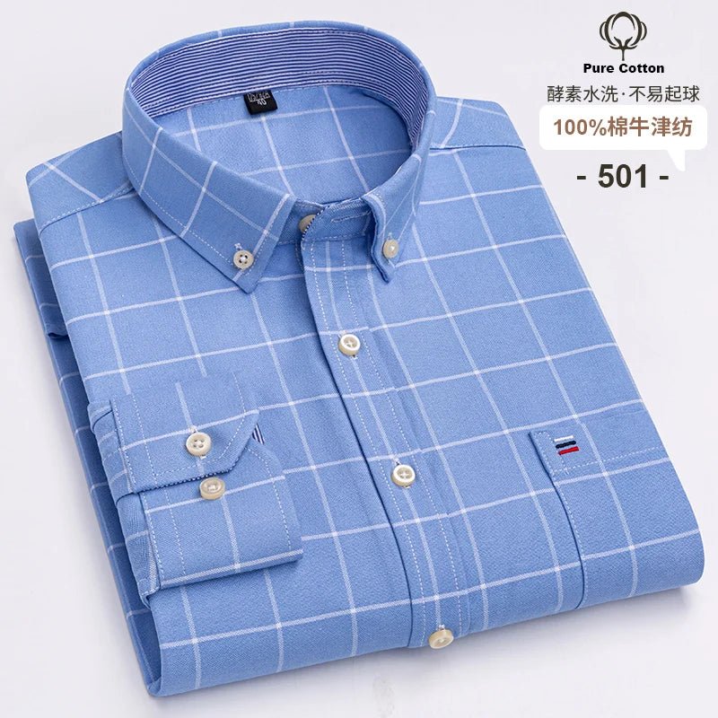 SaneShoppe - 100% Cotton Oxford Men's Shirts Long Sleeves Plaid Soft Regular Fit Formal Dress Shirt Pocket Social Blouse Male Clothes S - 7XL
