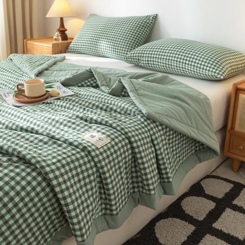 SaneShoppe-Cotton Quilted Comforter Plaid Summer Quilt - Queen, Full, Twin