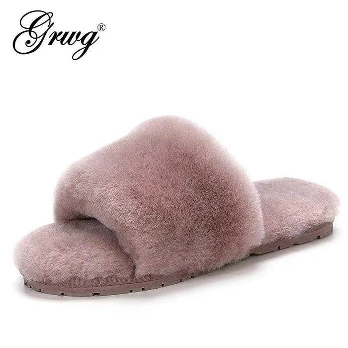 SaneShoppe - 100% Natural Sheepskin Winter Warm Fur Slippers Women Home Shoes Indoor Slipper 2023 Luxury Wool Slippers Woman Casual Slippers