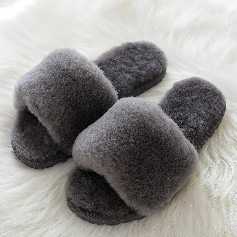 SaneShoppe - 100% Natural Sheepskin Winter Warm Fur Slippers Women Home Shoes Indoor Slipper 2023 Luxury Wool Slippers Woman Casual Slippers