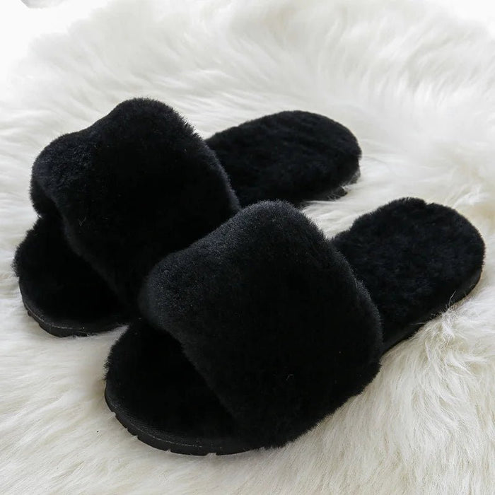 SaneShoppe - 100% Natural Sheepskin Winter Warm Fur Slippers Women Home Shoes Indoor Slipper 2023 Luxury Wool Slippers Woman Casual Slippers