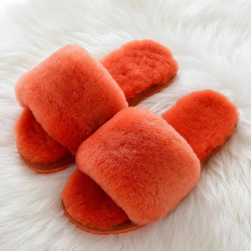 SaneShoppe - 100% Natural Sheepskin Winter Warm Fur Slippers Women Home Shoes Indoor Slipper 2023 Luxury Wool Slippers Woman Casual Slippers