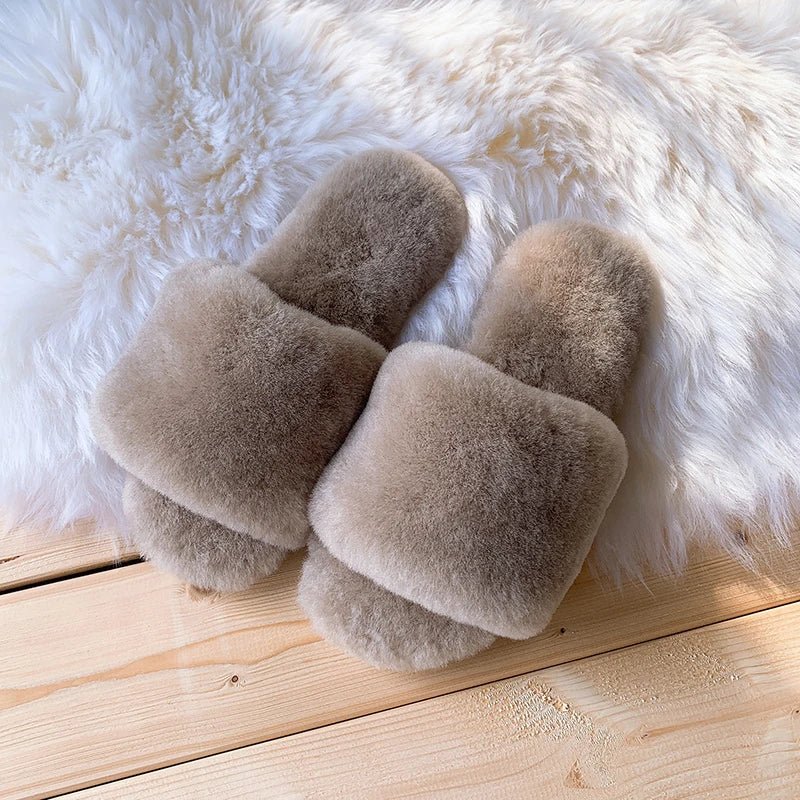 SaneShoppe - 100% Natural Sheepskin Winter Warm Fur Slippers Women Home Shoes Indoor Slipper 2023 Luxury Wool Slippers Woman Casual Slippers