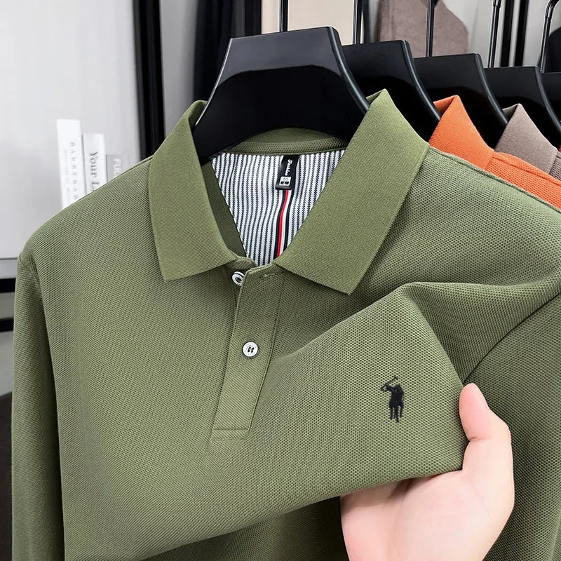 SaneShoppe - 100% pure cotton high - end brand men's long sleeved polo shirt autumn fashion new luxurious pony Paul embroidery top golf T-shirt
