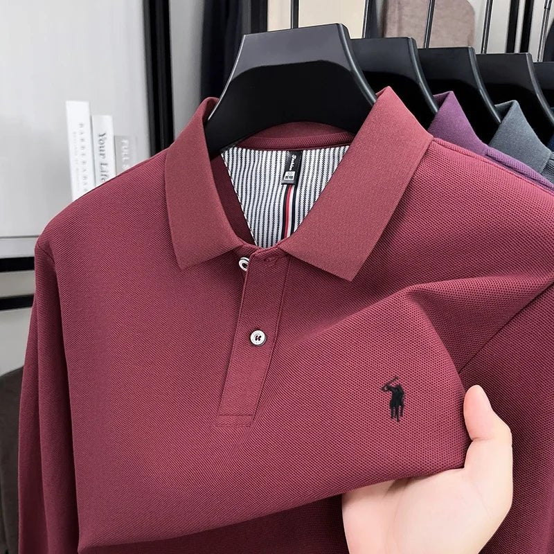 SaneShoppe - 100% pure cotton high - end brand men's long sleeved polo shirt autumn fashion new luxurious pony Paul embroidery top golf T-shirt