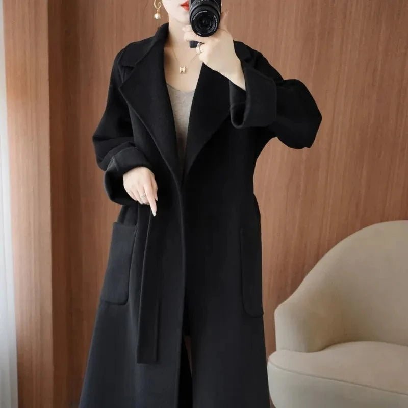 SaneShoppe - 100% Wool Coat Women's Wear 2025 Autumn/Winter Fashion Temperament Double sided Cashmere Coats with Belt Elegant Long Overcoat
