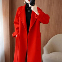 SaneShoppe - 100% Wool Coat Women's Wear 2025 Autumn/Winter Fashion Temperament Double sided Cashmere Coats with Belt Elegant Long Overcoat