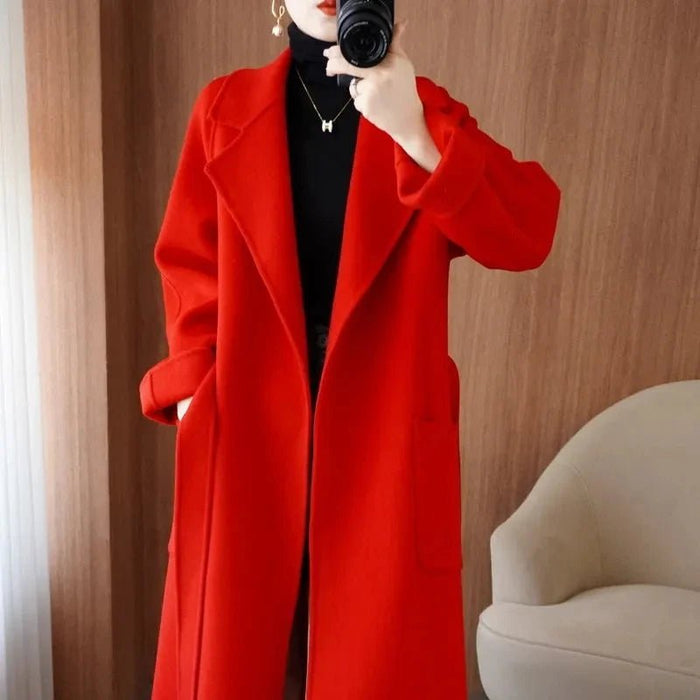 SaneShoppe - 100% Wool Coat Women's Wear 2025 Autumn/Winter Fashion Temperament Double sided Cashmere Coats with Belt Elegant Long Overcoat