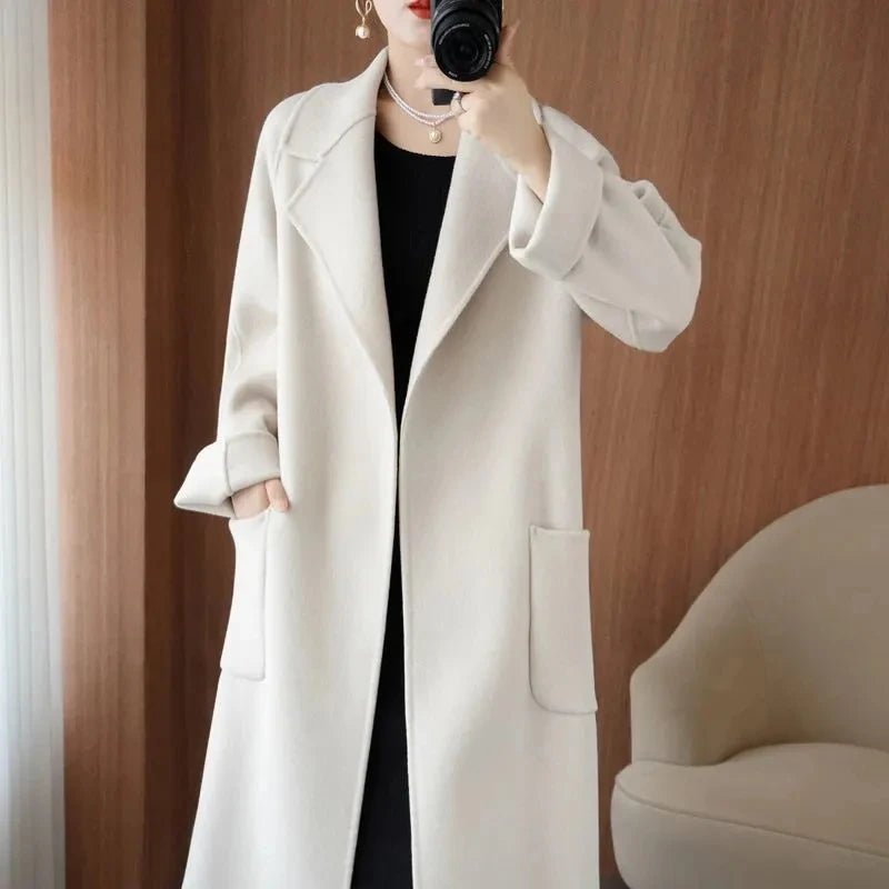 SaneShoppe - 100% Wool Coat Women's Wear 2025 Autumn/Winter Fashion Temperament Double sided Cashmere Coats with Belt Elegant Long Overcoat