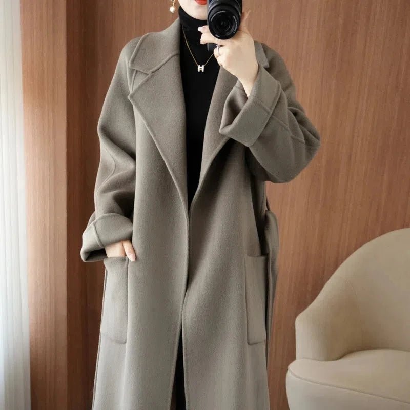 SaneShoppe - 100% Wool Coat Women's Wear 2025 Autumn/Winter Fashion Temperament Double sided Cashmere Coats with Belt Elegant Long Overcoat