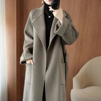 SaneShoppe - 100% Wool Coat Women's Wear 2025 Autumn/Winter Fashion Temperament Double sided Cashmere Coats with Belt Elegant Long Overcoat