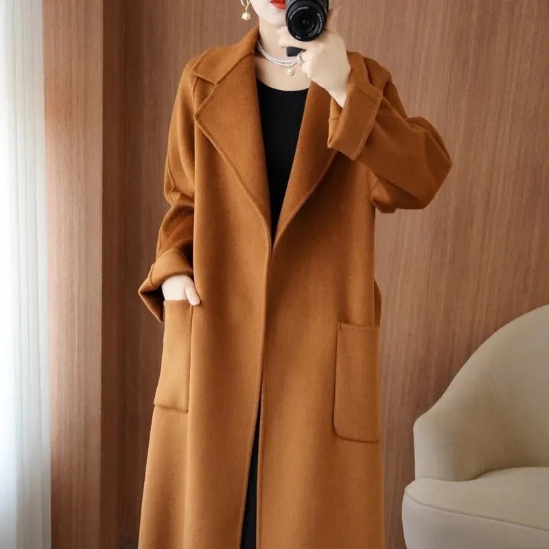 SaneShoppe - 100% Wool Coat Women's Wear 2025 Autumn/Winter Fashion Temperament Double sided Cashmere Coats with Belt Elegant Long Overcoat