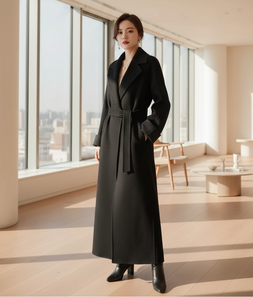 SaneShoppe - 100% Wool Coat Women's Wear 2025 Autumn/Winter Fashion Temperament Double sided Cashmere Coats with Belt Elegant Long Overcoat