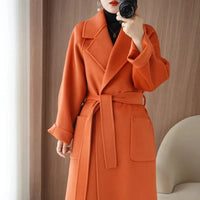 SaneShoppe - 100% Wool Coat Women's Wear 2025 Autumn/Winter Fashion Temperament Double sided Cashmere Coats with Belt Elegant Long Overcoat